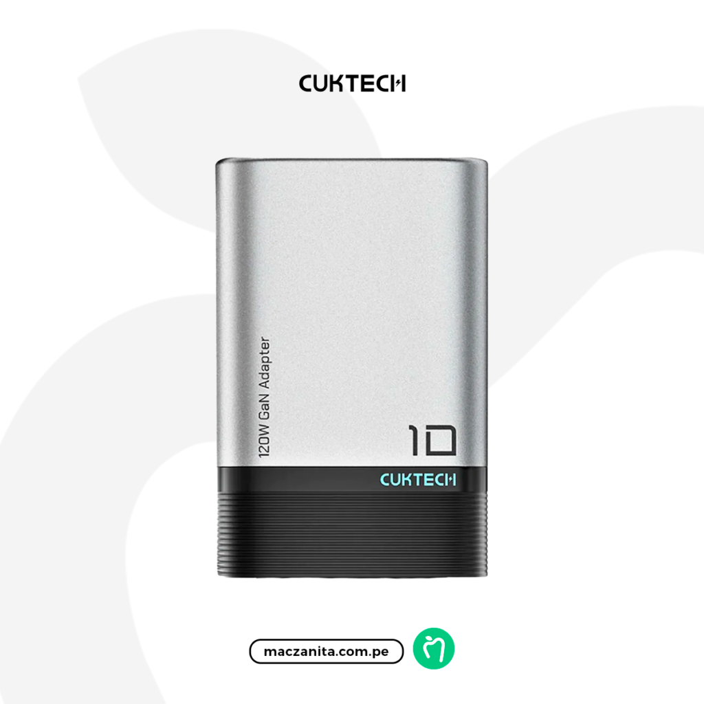 Cuktech Cargador Con Pantalla + Set AD1203P en color plata, diseñado como adaptador de 120W GN, con un acabado elegante y moderno en la parte superior y una base negra en la parte inferior.