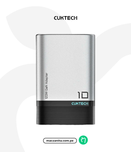 Cuktech Cargador Con Pantalla + Set AD1203P en color plata, diseñado como adaptador de 120W GN, con un acabado elegante y moderno en la parte superior y una base negra en la parte inferior.