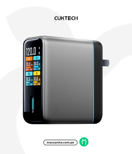 Cuktech Cargador Con Pantalla + Cable AD1204U en color plata, con una pantalla que muestra la potencia de carga y puertos USB-A y USB-C, y un diseño compacto y moderno.
