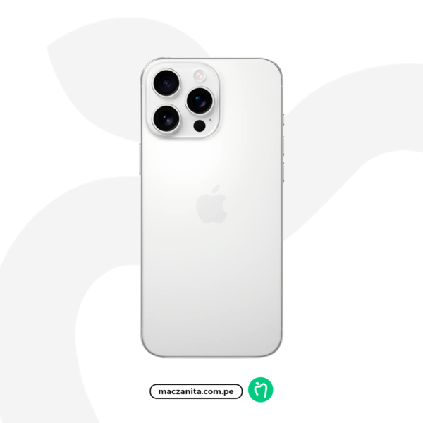 Apple iPhone 16 Pro de 256 GB en color plateado, con tres cámaras traseras dispuestas en un diseño vertical y acabado liso en la parte posterior. El teléfono se presenta como seminuevo, al frente del logotipo de la manzana.