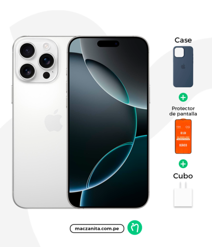 Apple iPhone 16 Pro de 256 GB en color plata, con tres cámaras traseras y pantalla AMOLED, acompañado de una funda, un protector de pantalla y un cubo de carga.