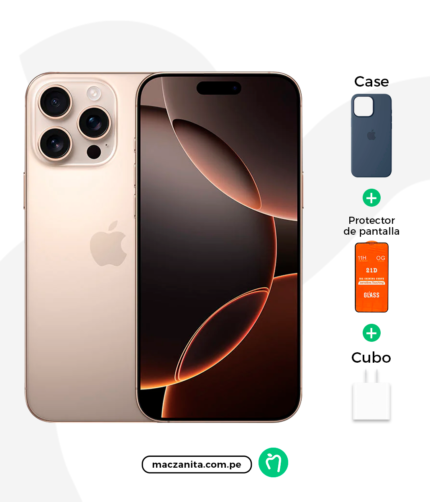 Apple iPhone 16 Pro de 256 GB en color desierto, seminuevo, se muestra con un estuche, protector de pantalla, y cargador. El teléfono presenta una pantalla frontal con un diseño moderno y tres cámaras traseras.