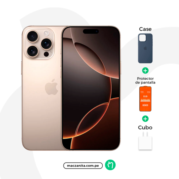 Apple iPhone 16 Pro Max de 256 GB en color desierto, seminuevo, se muestra con un estuche, protector de pantalla, y cargador. El teléfono presenta una pantalla frontal con un diseño moderno y tres cámaras traseras.