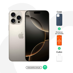 Apple iPhone 16 Pro Max de 256 GB seminuevo en color dorado, con una pantalla de alta resolución y diseño elegante, acompañado de un estuche, protector de pantalla y cargador.