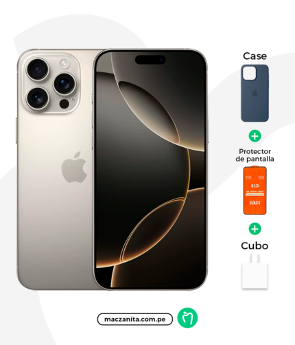 Apple iPhone 16 Pro de 256 GB seminuevo en color dorado, con una pantalla de alta resolución y diseño elegante, acompañado de un estuche, protector de pantalla y cargador.
