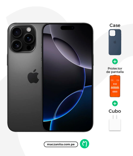 Apple iPhone 16 Pro de 256 GB en color negro con diseño de tres cámaras traseras y pantalla frontal curva, acompañado de una funda azul, un protector de pantalla y un cargador.