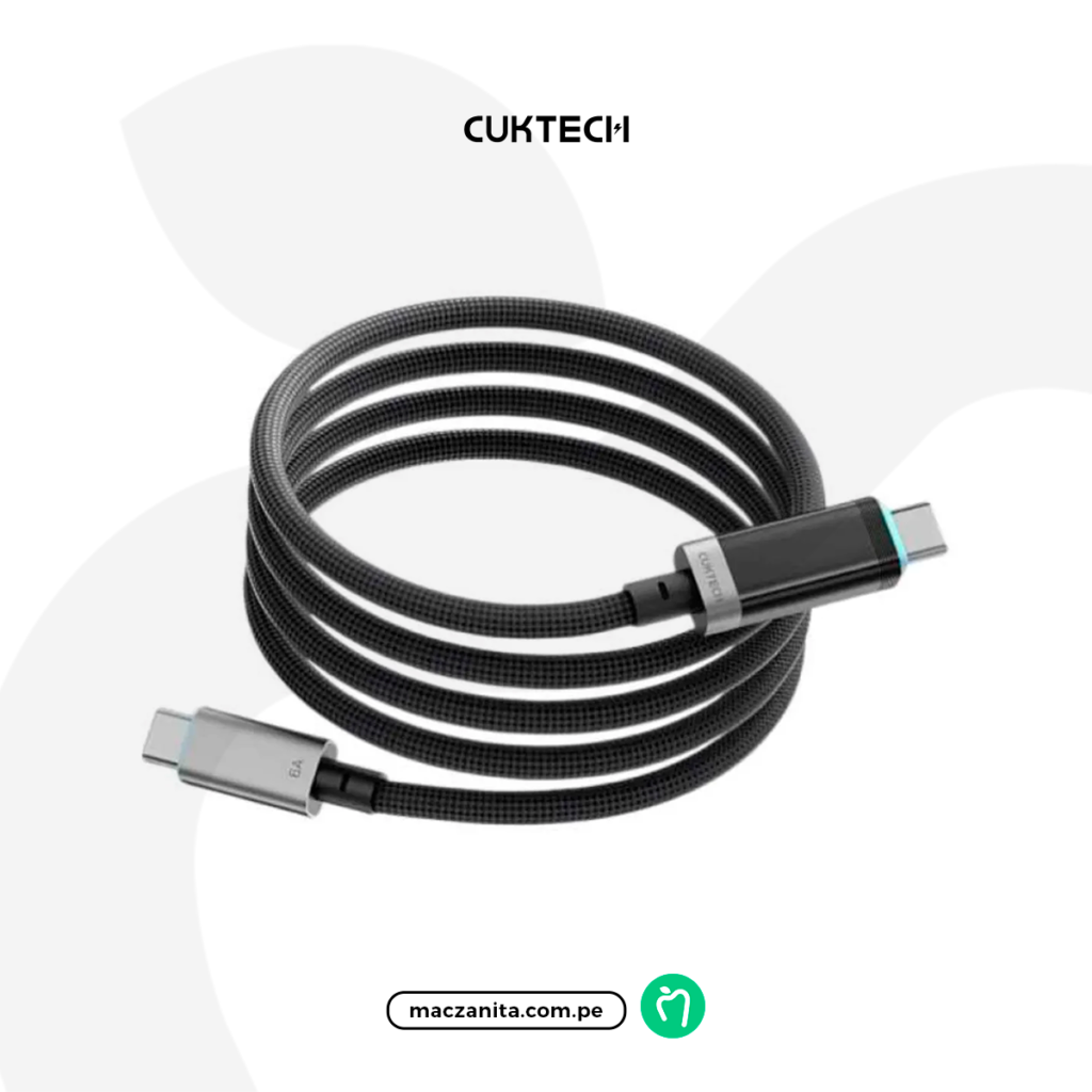 Cable Con Pantalla Digital Cuktech CTC615P de 240W en color negro, con una longitud de 1.5m, fabricado de materiales de alta calidad. Posee conectores USB-C en ambos extremos.