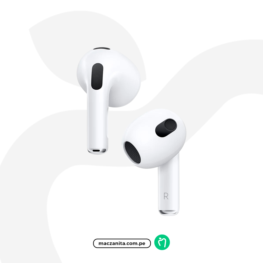 Audífonos Apple AirPods 3ra Gen en color blanco, mostrando los micrófonos y la marca "R" en un lado. Este producto está disponible en Maczanita Perú, específicamente para su uso con el iPhone 16 Pro. Audífonos Apple AirPods 3ra Gen en color blanco, mostrando los micrófonos y la marca "R" en un lado. Este producto está disponible en Maczanita Perú, específicamente para su uso con el iPhone 16 Pro.
