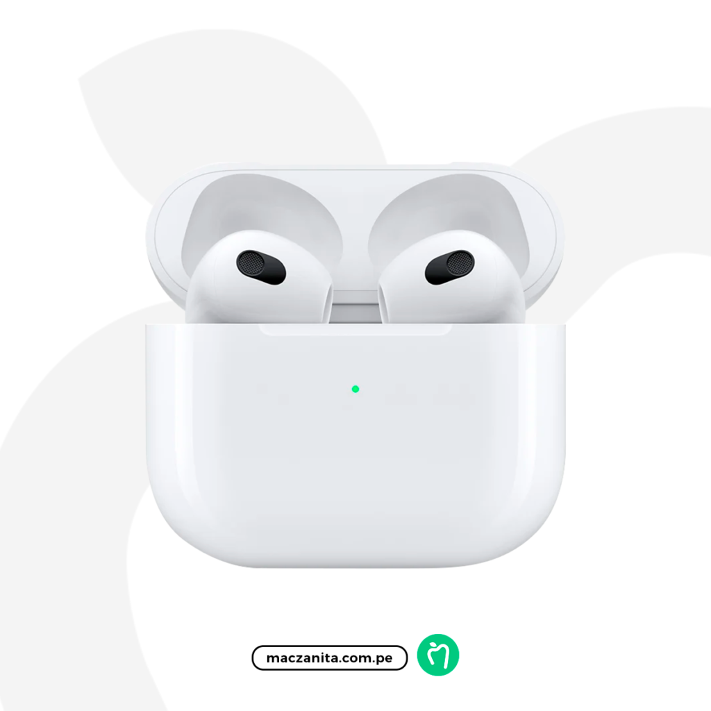 Apple AirPods 3ra Gen. en color blanco, presentados en su estuche de carga con indicadores LED. Disponible en Perú a través de Maczanita Perú, ideal para usuarios de iPhone 16 Pro. Apple AirPods 3ra Gen. en color blanco, presentados en su estuche de carga con indicadores LED. Disponible en Perú a través de Maczanita Perú, ideal para usuarios de iPhone 16 Pro.