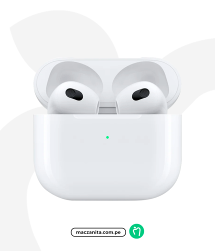 Apple AirPods 3ra Gen. en color blanco, presentados en su estuche de carga con indicadores LED. Disponible en Perú a través de Maczanita Perú, ideal para usuarios de iPhone 16 Pro.
