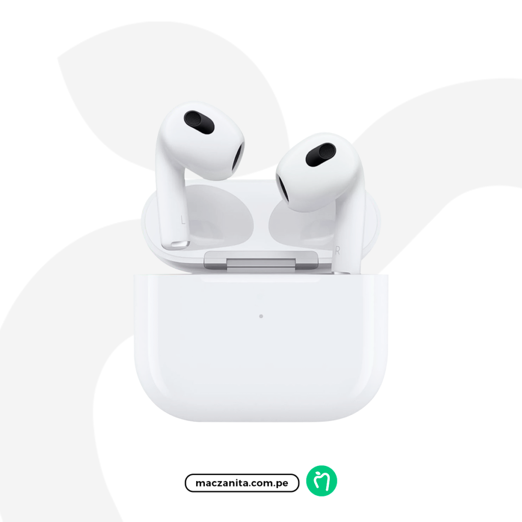 Apple AirPods de 3ra Generación en color blanco, mostrando los auriculares y su estuche de carga. Disponibles para iPhone 16 Pro en Maczanita Perú, garantizando calidad y rendimiento. Apple AirPods de 3ra Generación en color blanco, mostrando los auriculares y su estuche de carga. Disponibles para iPhone 16 Pro en Maczanita Perú, garantizando calidad y rendimiento.