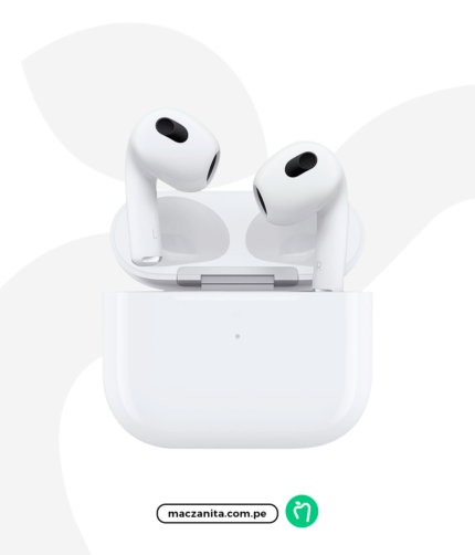 Apple AirPods de 3ra Generación en color blanco, mostrando los auriculares y su estuche de carga. Disponibles para iPhone 16 Pro en Maczanita Perú, garantizando calidad y rendimiento.