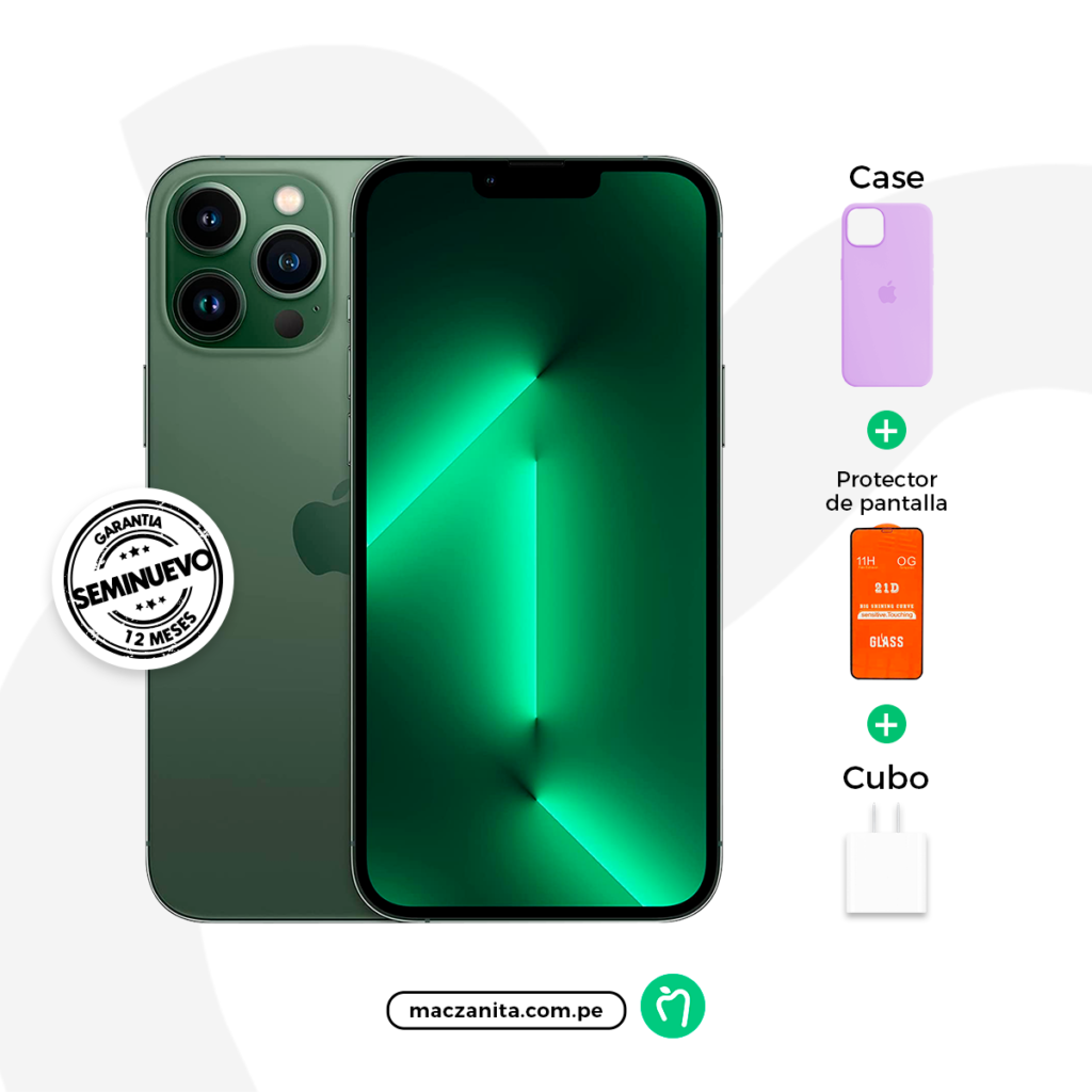 iPhone 13 Pro Max de 128 GB en color verde, fabricado por Apple. El dispositivo incluye una carcasa de color morado, un protector de pantalla y un cargador, disponible en Maczanita Perú con garantía de 12 meses.