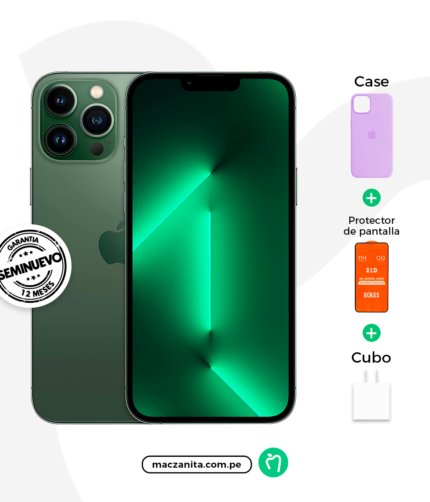 iPhone 13 Pro Max de 128 GB en color verde, fabricado por Apple. El dispositivo incluye una carcasa de color morado, un protector de pantalla y un cargador, disponible en Maczanita Perú con garantía de 12 meses.