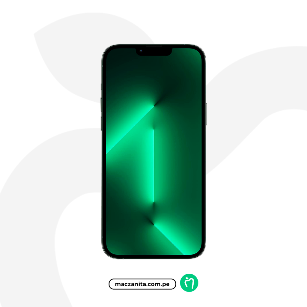 Apple iPhone 13 Pro Max de 128 GB en color azul, con pantalla OLED y diseño moderno, mostrado con un fondo verde. Disponible en Maczanita Perú, incluye garantías y precios.