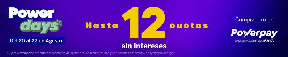 Banner promocional morado con el texto “Power days”, “Hasta 12 cuotas sin intereses” y fechas del 20 al 22 de agosto, junto al logo de Powerpay y una alusión a accesorios, Iphone, ipad, macbook y maczanita.