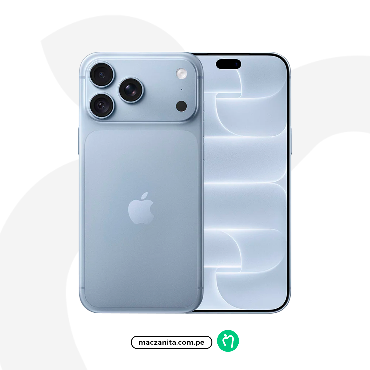 Apple iPhone 18 Pro Max en plata, de 512 GB, con acabado de aluminio y tres cámaras traseras, mostrado junto a su pantalla frontal y el logotipo de Maczanita.com.pe abajo.