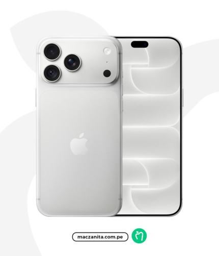 Apple iPhone 18 Pro Max en plata, con acabado de vidrio y metal, mostrado por delante y por detrás sobre un fondo blanco con el sitio maczanita.com.pe debajo.
