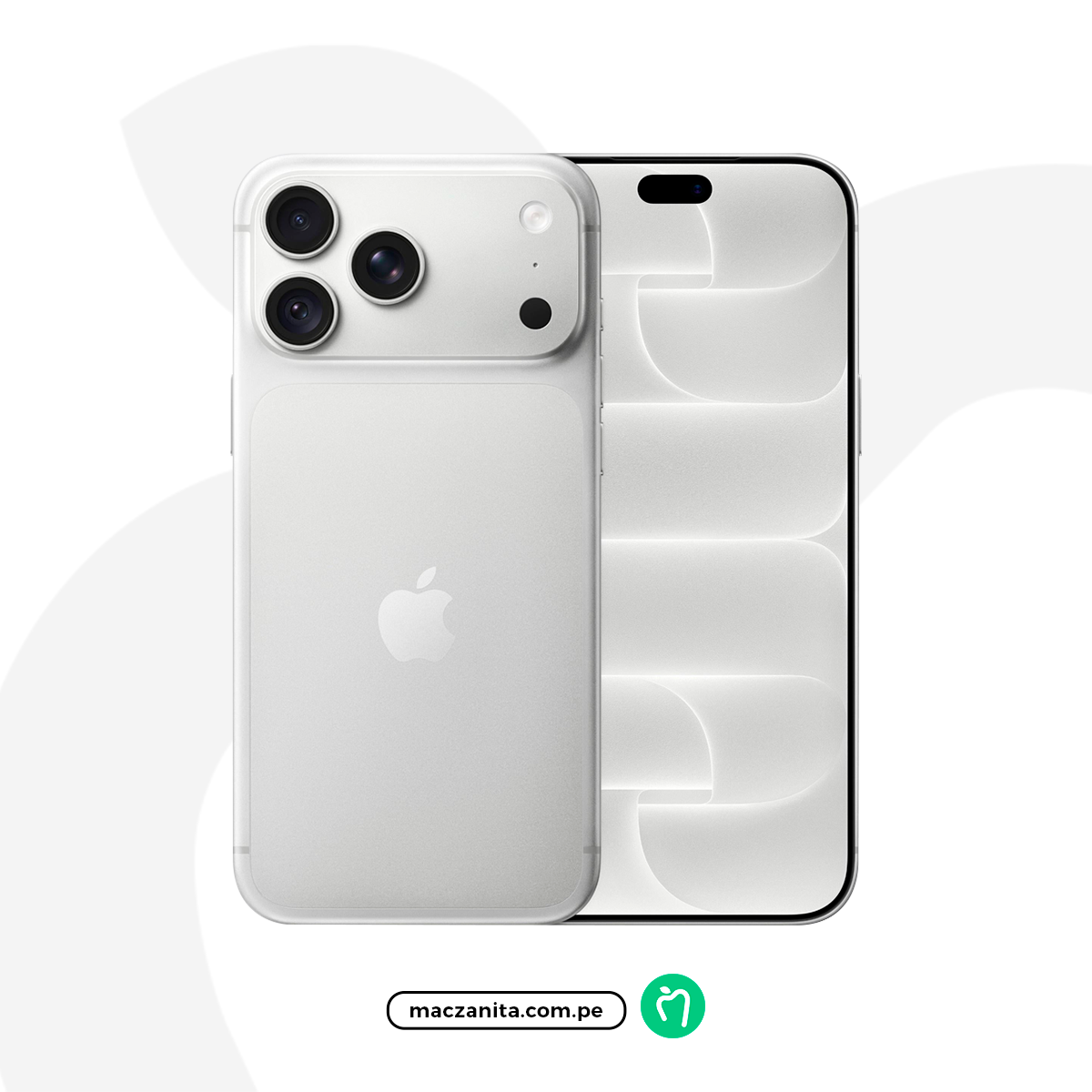 Apple iPhone 18 Pro Max en plata, con acabado de vidrio y metal, mostrado por delante y por detrás sobre un fondo blanco con el sitio maczanita.com.pe debajo.