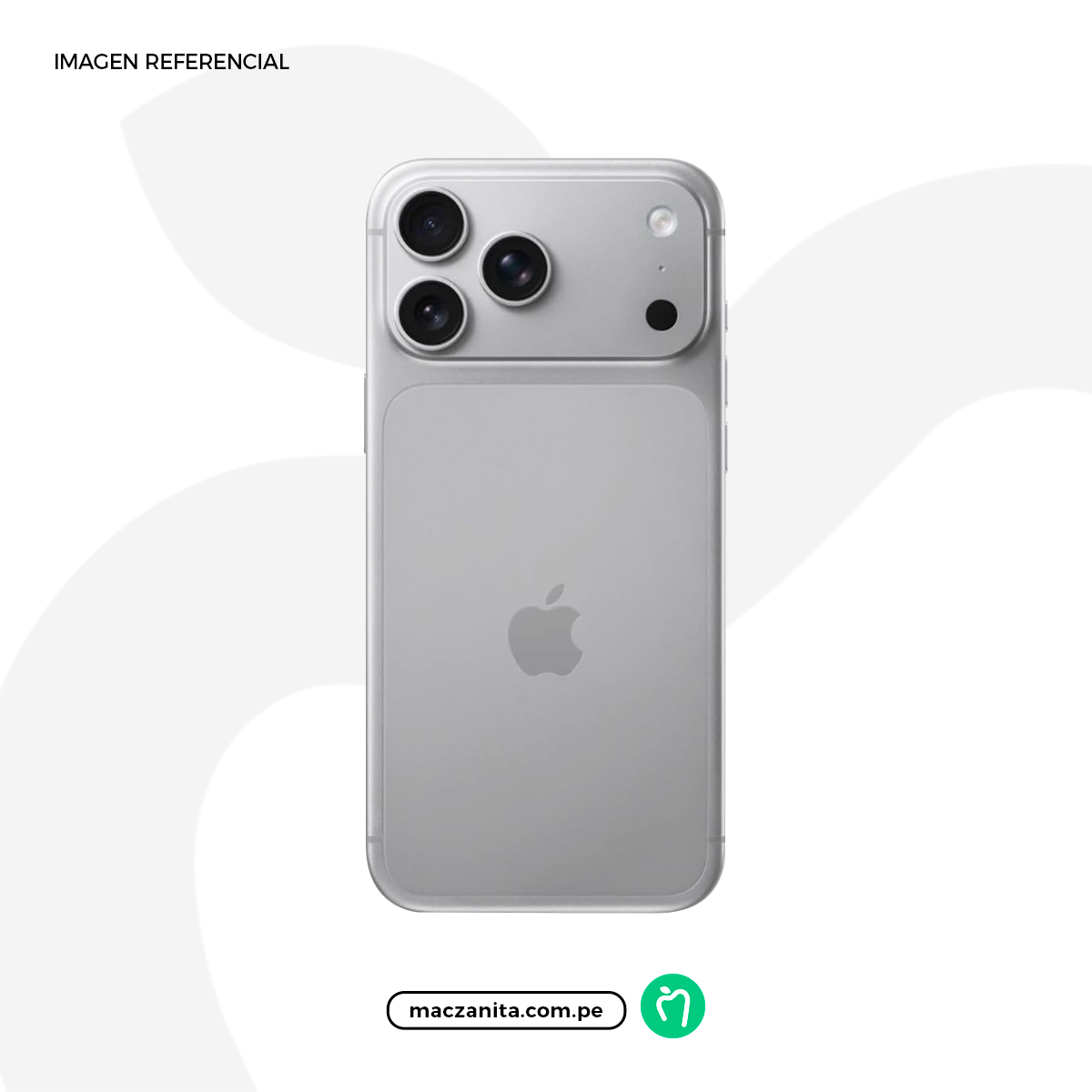 Parte trasera de un iPhone gris con tres cámaras y el logotipo de Apple, sobre un fondo blanco con formas grises suaves.